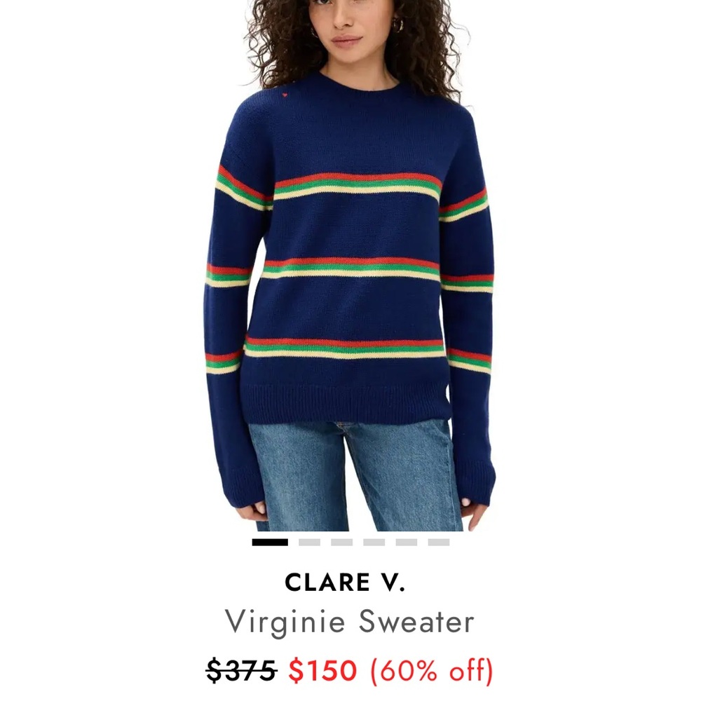 Clare V Navy Virginie Crewneck Sweater with Red, Green & Cream Stripes